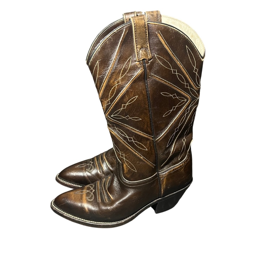 Vintage Cowboy Boots Mens 7.5 E Brown Leather Embroidered Western Pointed Toe